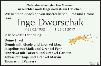 Traueranzeige von Inge Dworschak von Mitteldeutsche Zeitung Zeitz