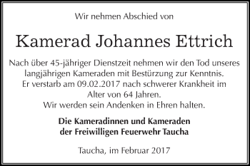 Traueranzeige von Johannes Ettrich von WVG - Wochenspiegel NMB / WSF / ZTZ