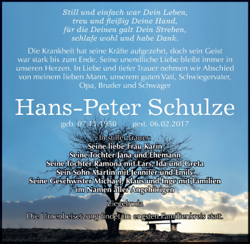 Traueranzeige von Hans-Peter Schulze von Mitteldeutsche Zeitung Merseburg/Querfurt