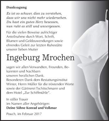 Traueranzeige von Ingeburg Mrochen von WVG - Wochenspiegel Bitterfeld