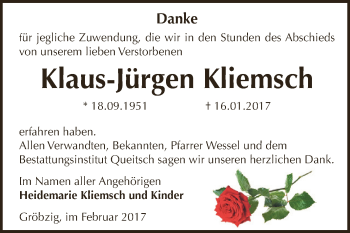 Traueranzeige von Klaus-Jürgen Kliemsch von WVG - Wochenspiegel Dessau / Köthen