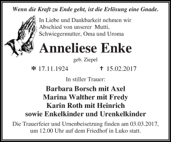 Traueranzeige von Anneliese Enke von WVG - Wochenspiegel Dessau / Köthen
