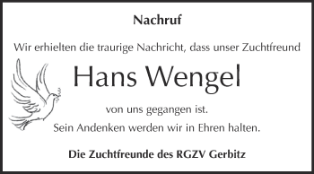 Traueranzeige von Hans Wengel von Super Sonntag Bernburg