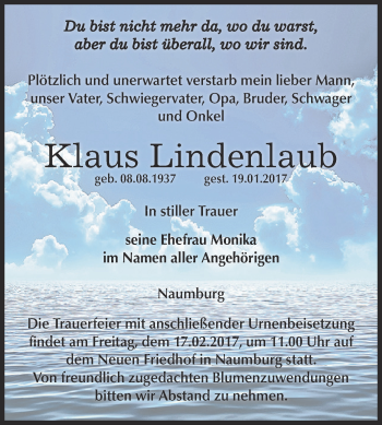 Traueranzeige von Klaus Lindenlaub von WVG - Wochenspiegel NMB / WSF / ZTZ