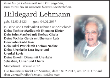 Traueranzeige von Hildegard Lehmann von Mitteldeutsche Zeitung Köthen