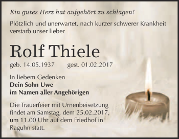 Traueranzeige von Rolf Thiele von WVG - Wochenspiegel Bitterfeld