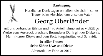 Traueranzeige von Georg Oberländer von Mitteldeutsche Zeitung Naumburg/Nebra