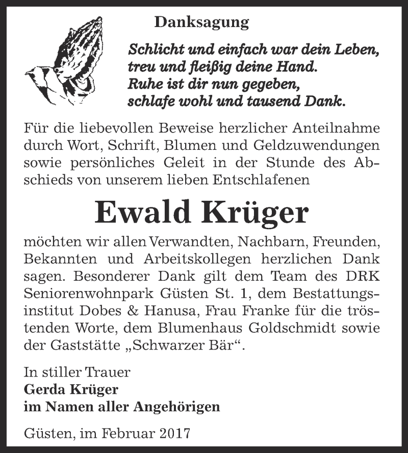  Traueranzeige für Ewald Krüger vom 25.02.2017 aus Super Sonntag Bernburg