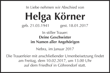 Traueranzeige von Helga Körner von Super Sonntag Halle