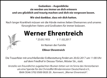 Traueranzeige von Werner Ehrentreich von WVG - Wochenspiegel Dessau / Köthen