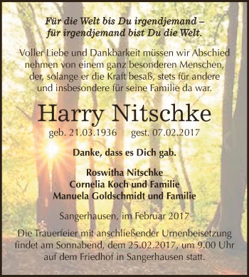 Traueranzeige von Harry Nitschke von Super Sonntag SGH Mansf. Land