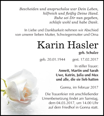 Traueranzeige von Kann Hasler von Super Sonntag SGH Mansf. Land