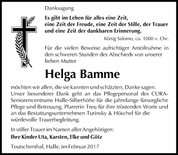 Traueranzeige von Helga Bamme von Mitteldeutsche Zeitung Halle/Saalkreis