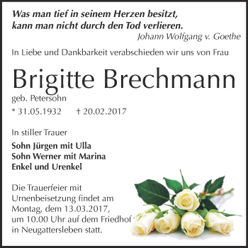 Traueranzeige von Brigitte Brechmann von Super Sonntag Bernburg