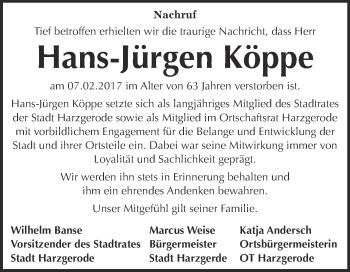 Traueranzeige von Hans-Jürgen Köppe von Super Sonntag Quedlinburg