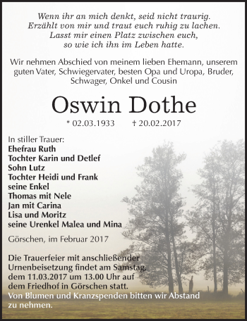 Traueranzeige von Oswin Dothe von Mitteldeutsche Zeitung Naumburg/Nebra