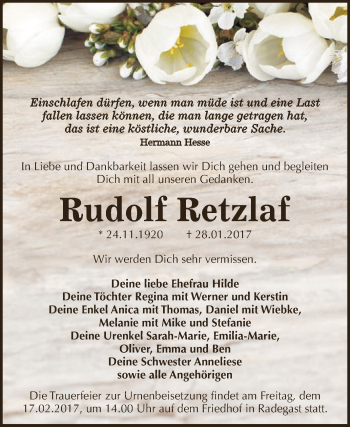 Traueranzeige von Rudolf Retzlaf von WVG - Wochenspiegel Dessau / Köthen