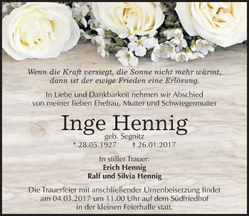 Traueranzeige von Inge Hennig von Mitteldeutsche Zeitung Halle/Saalkreis