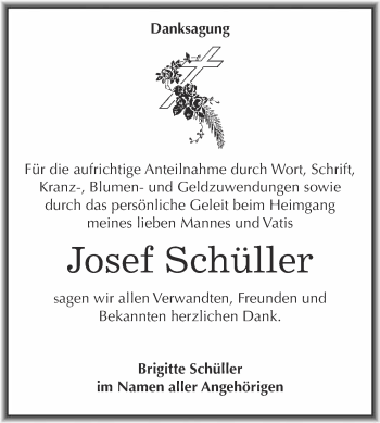Traueranzeige von Josef Schüller von WVG - Wochenspiegel Bitterfeld