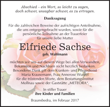 Traueranzeige von Elfriede Sachse von Mitteldeutsche Zeitung Merseburg/Querfurt
