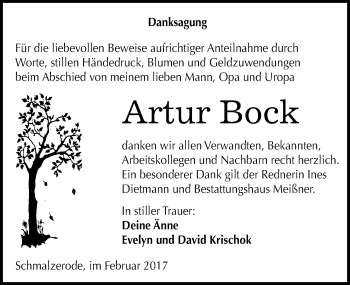 Traueranzeige von Artur Bock von Mitteldeutsche Zeitung Mansfelder Land