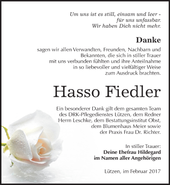 Traueranzeige von Hasso Fiedler von Mitteldeutsche Zeitung Weißenfels