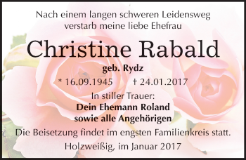 Traueranzeige von Christine Rabald von Mitteldeutsche Zeitung Bitterfeld