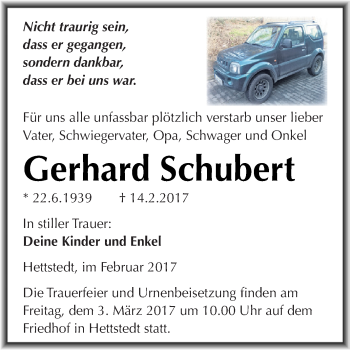 Traueranzeige von Gerhard Schubert von Super Sonntag SGH Mansf. Land