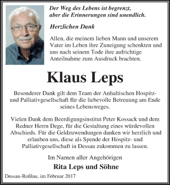 Traueranzeige von Klaus Leps von Mitteldeutsche Zeitung Wittenberg
