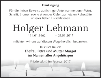 Traueranzeige von Holger Lehmann von WVG - Wochenspiegel Bitterfeld