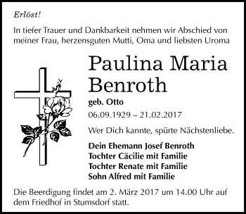 Traueranzeige von Paulina Maria Benroth von Mitteldeutsche Zeitung Bitterfeld