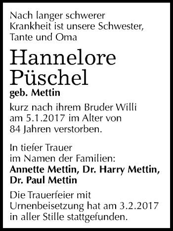 Traueranzeige von Hannelore Püschel von Mitteldeutsche Zeitung Halle/Saalkreis