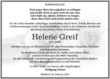 Traueranzeige von Helene Greif von Mitteldeutsche Zeitung Mansfelder Land
