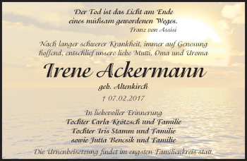 Traueranzeige von Irene Ackermann von Mitteldeutsche Zeitung Dessau-Roßlau