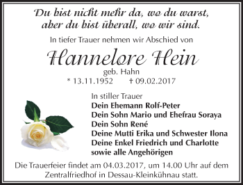 Traueranzeige von Hannelore Hein von Mitteldeutsche Zeitung Dessau-Roßlau