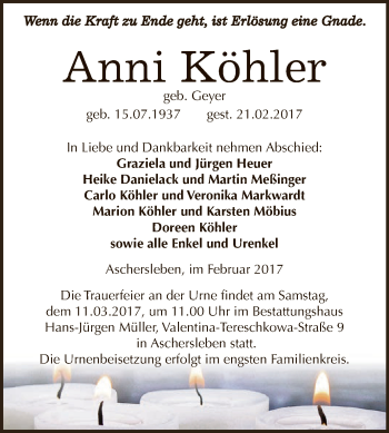 Traueranzeige von Anni Köhler von Super Sonntag SGH Mansf. Land