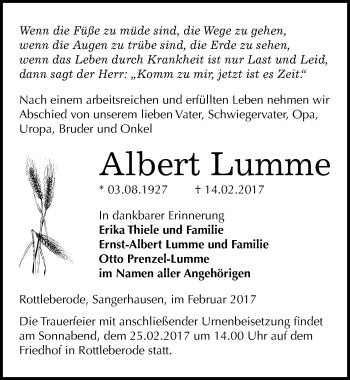 Traueranzeige von Albert Lumme von Mitteldeutsche Zeitung Sangerhausen