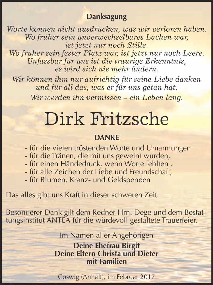  Traueranzeige für Dirk Fritzsche vom 25.02.2017 aus Super Sonntag Wittenberg