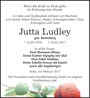 Traueranzeige von Jutta Ludley von Mitteldeutsche Zeitung Bitterfeld