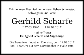 Traueranzeige von Gerhild Scharfe von Mitteldeutsche Zeitung Halle/Saalkreis