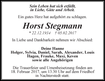 Traueranzeige von Horst Stegmann von Super Sonntag SGH Mansf. Land