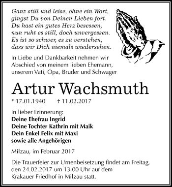 Traueranzeige von Artur Wachsmuth von Mitteldeutsche Zeitung Merseburg/Querfurt