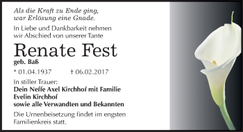 Traueranzeige von Renate Fest von Mitteldeutsche Zeitung Bitterfeld