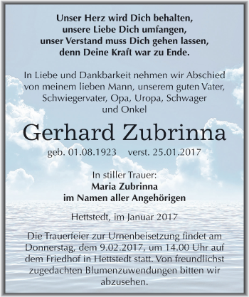 Traueranzeige von Gerhard Zubrinna von Mitteldeutsche Zeitung Mansfelder Land