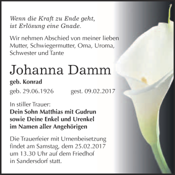 Traueranzeige von Johanna Damm von WVG - Wochenspiegel Bitterfeld