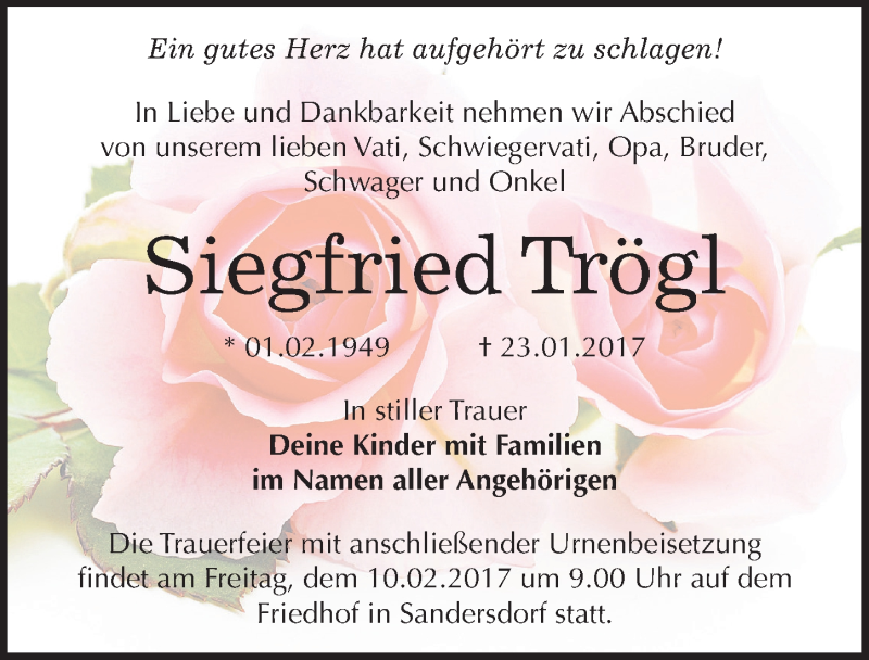  Traueranzeige für Siegfried Trögl vom 06.02.2017 aus Mitteldeutsche Zeitung Bitterfeld