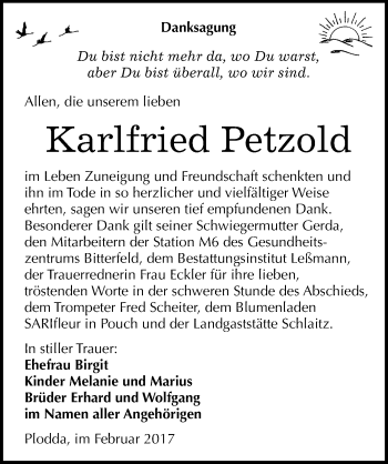 Traueranzeige von Karlfried Petzold von Mitteldeutsche Zeitung Bitterfeld