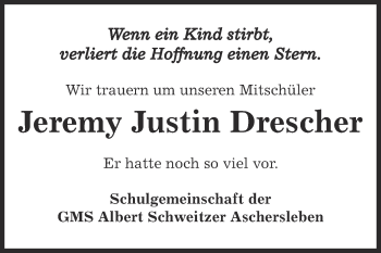 Traueranzeige von Jeremy Justin Drescher von Super Sonntag SGH Mansf. Land