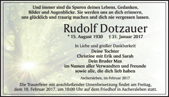 Traueranzeige von Rudolf Dotzauer von Mitteldeutsche Zeitung Aschersleben