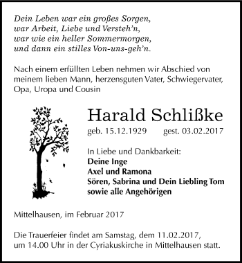 Traueranzeige von Harald Schlißke von Mitteldeutsche Zeitung Sangerhausen